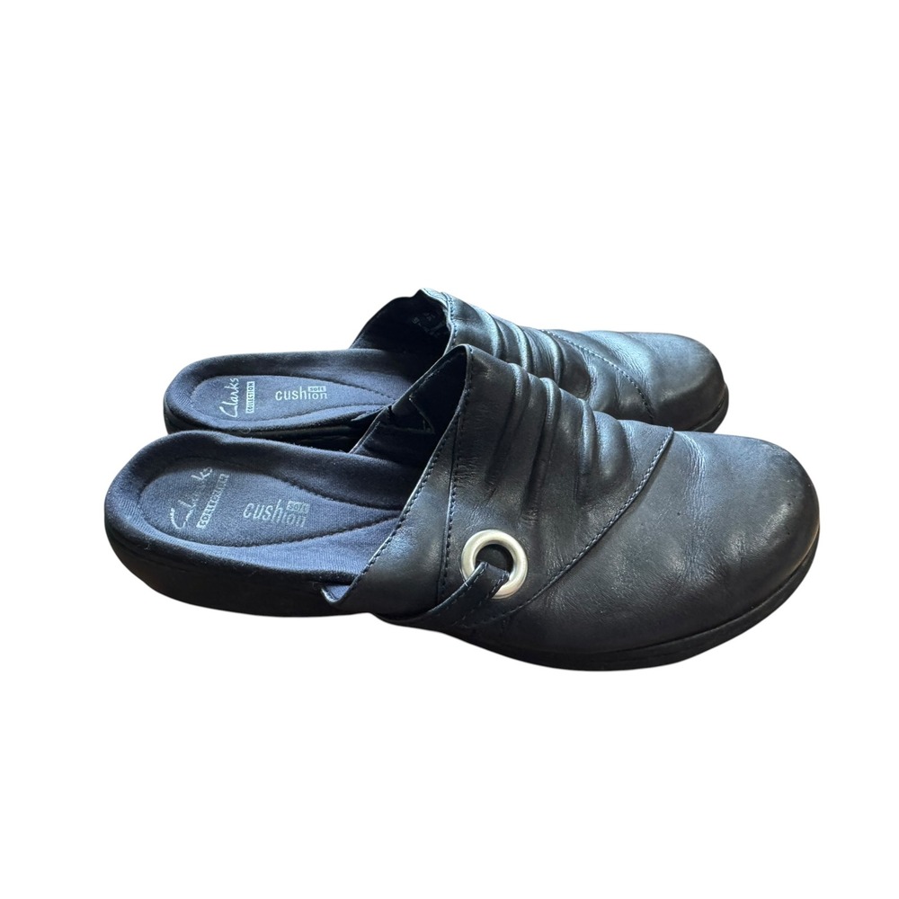 Clarks Mules Women 7 Black Good Leather Ruched Soft Cushion Clogs 16724